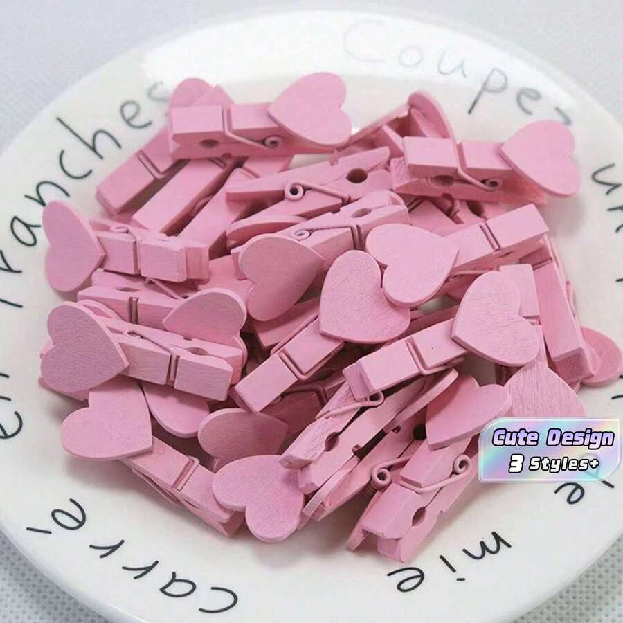 20/30/50个装,爱心彩色木质创意备忘录夹,木质衣夹,星星夹,零食袋夹,心形衣夹,迷你木质手工展示照片夹 - 粉紅色 - 查看 1