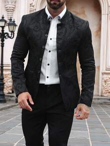 Manfinity Homme Áo khoác vest công sở nam, chất liệu jacquard, thích hợp đi làm. - màu đen - Xem 1
