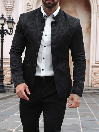 Manfinity Mode Men's Business Commute Jacquard Suit Jacket