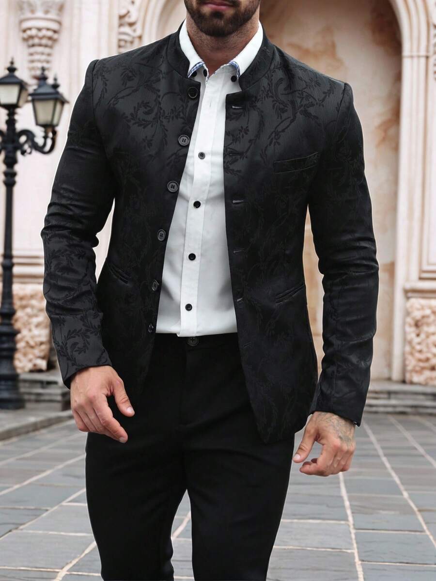 Manfinity Homme Áo khoác vest công sở nam, chất liệu jacquard, thích hợp đi làm. - màu đen - Xem 1