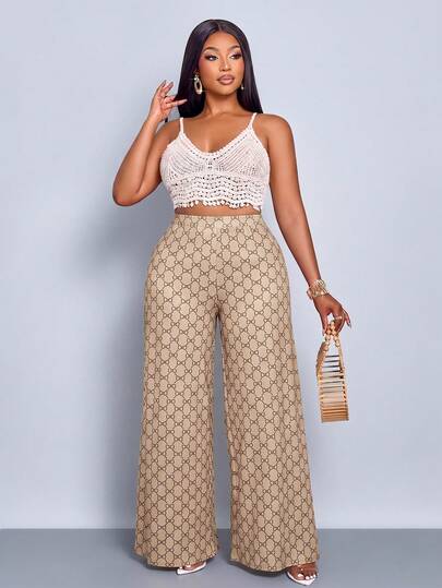 SOLERSUN Plus-Size Women's Spring/Summer Wide-Leg Pants Featuring A Bow-Knot Print-A Versatile, Classic Staple Perfect For Everyday Fashion. Ideal For Beach Vacations, Lounging At Home, Or The Back-To-School Season, These Pants Offer A Loose, Casual, And Comfortable Fit. With A Blend Of Bohemian Flair And Vintage-Inspired "Light Luxury" Aesthetics, They Feature A Slimming Silhouette Suitable For Holiday Outfits, Dates, Travel, Or Simply Maintaining An Elegant, Ethereal Look.