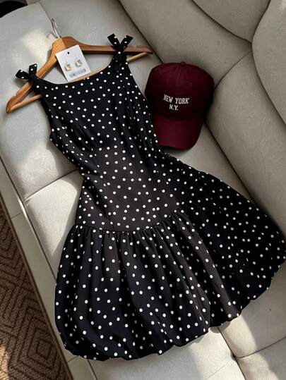 SHEIN Franclia Women's Black White Polka Dot Mini Dress, Sleeveless Tie Shoulder Bow Knot Dress, Square Neck Slim Fit A-Line Ruffle Hem Short Dress, Casual Summer Cute Party Dress