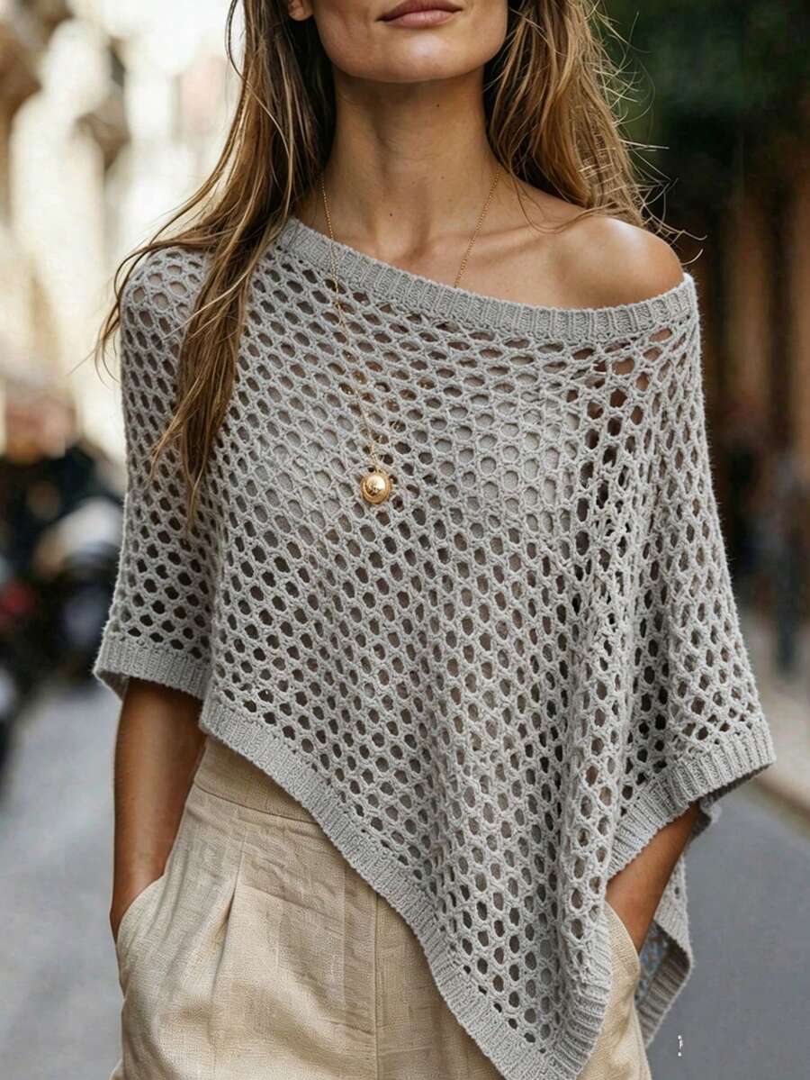 Selamara Women's Casual Asymmetric Hollow-Out Knit Top - Grey - View 1