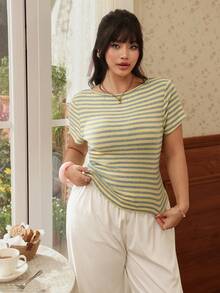 CovetEZ Camiseta de manga corta casual de talla grande con rayas de color crema amarillento, para primavera/verano - Amarillo - Ver 6