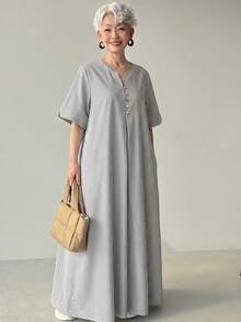 FRIFUL Đầm ngắn tay kẻ sọc dáng casual dành cho nữ, đầm hè chống nắng cho nữ - Xám - Xem 6