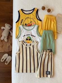 SHEIN 6pcs/Set Conjunto de Camiseta de Tirantes y Pantalones Cortos de Punto con Patrón de Dibujos Animados a Rayas Casual y Lindo para Bebé Niño, Conjunto Básico de Varias Piezas, Conjunto Lindo, Conjunto de Camiseta de Tirantes, Conjunto a Rayas, Conjunto de Pato, Conjunto de Vacaciones, Conjunto de Días Festivos - Multicolor - Ver 6