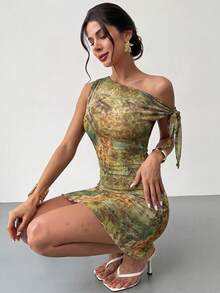Firerie Women's Sage Green Floral Summer Mesh Mini Dress,Seductive Night Out Asymmetrical Shoulder Elegant Vacation Beach Hawaii Party Graduation Prom - Multicolor - View 6