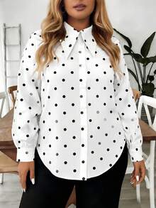 SHEIN LUNE Kemeja Lengan Panjang Kancing Depan Motif Polkadot Kasual Elegan Ukuran Besar untuk Sehari-hari Formal ke Kantor/Perjalanan Musim Gugur - Hitam dan Putih - View 6
