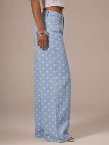 MUSERA Vaqueros rectos de tiro medio, de estilo denim, con lunares, elegantes y casuales, ideales para primavera, verano, vacaciones en Ibiza, vuelta al colegio, oficina o fiestas - Azul - Ver 5