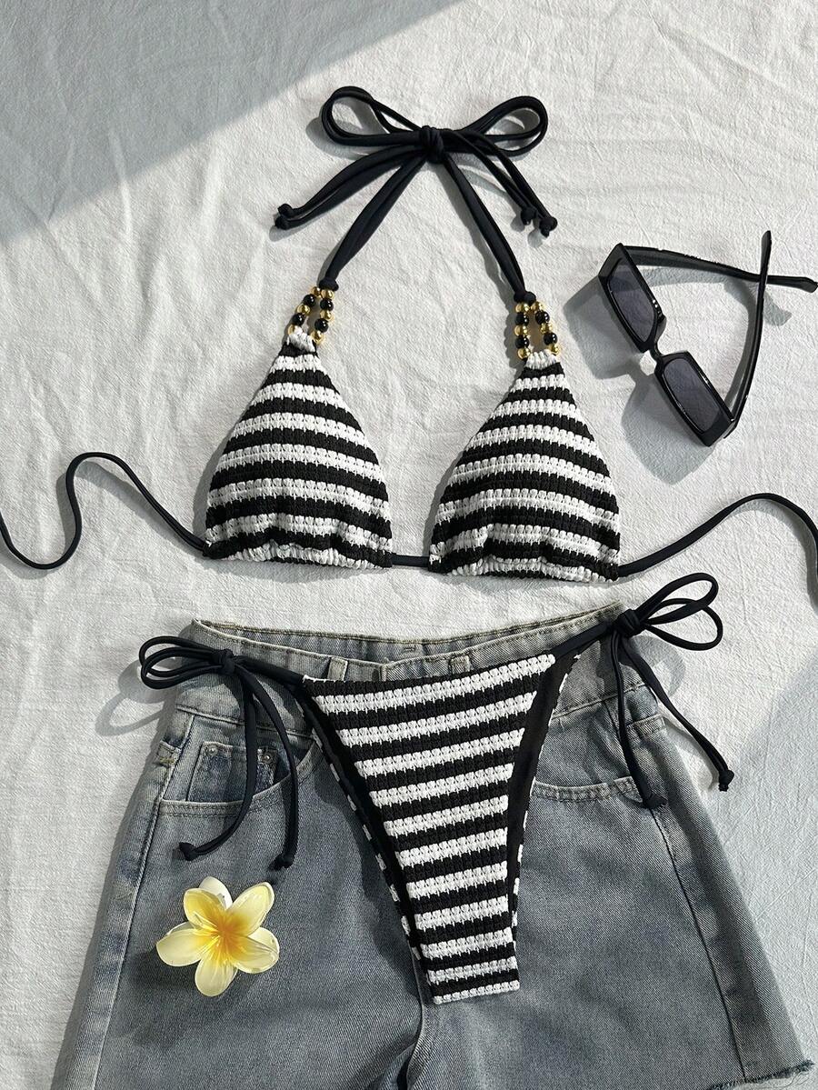 Swim Vcay Bộ bikini gợi cảm buộc dây cổ, kẻ sọc, dành cho nữ, thích hợp mặc đi biển mùa hè. - Nhiều màu - Xem 1