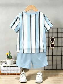 2pcs/Set Young Boy's Casual Striped Print Short Sleeve T-Shirt And Striped Print Shorts, Fashionable And Comfortable, Suitable For Spring/Summer, Photography, Daily Wear, Outings, Street Style, Holidays, Gifts - Multicolor - View 4