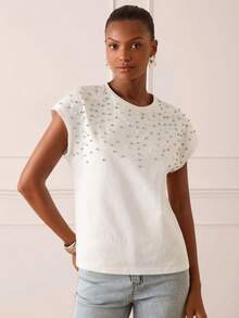 Lilora Áo thun nữ cổ tròn bằng cotton đính đá lấp lánh thanh lịch, kiểu dáng cao cấp, đa năng, trang nhã, phù hợp cho đi làm, đi chơi, tụ họp, hẹn hò, dự tiệc, thư giãn, dã ngoại, kỳ nghỉ, mùa hè. - trắng - Xem 5