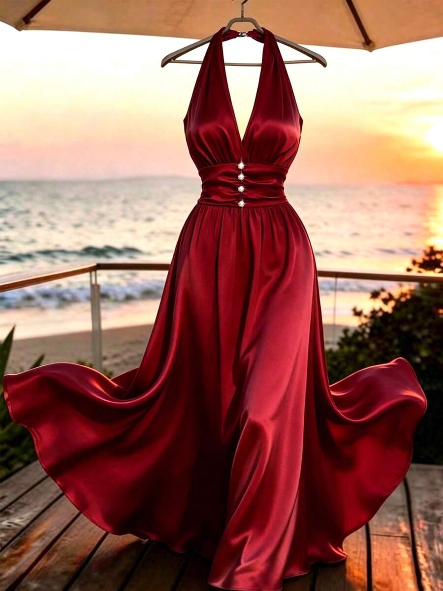 GlowEve Nuevo vestido de mujer de longitud media, ajustado, versátil para uso diario, elegante, de tela brillante, con cuello en V, mangas cruzadas y estilo de transporte - Burdeos - Ver 1
