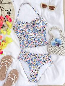 SHEIN Bộ đồ bơi 2 mảnh gồm áo tankini cổ yếm họa tiết hoa nhí cho bé gái và thiếu niên, có khóa kim loại trang trí, kiểu dáng ngọt ngào và thời trang, phù hợp cho nhiều dịp, xuân/hè, đi biển, bộ đồ bơi trẻ em, kỳ nghỉ hè. - Màu xanh lam - Xem 10
