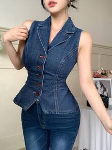 DAZY Áo khoác cardigan kiểu vest nữ mùa xuân/hè, áo sơ mi không tay có cổ, thích hợp cho lễ hội âm nhạc, ngày Valentine, đám cưới, kỳ nghỉ biển thường ngày, áo denim ngắn. - Rửa tối - Xem 2