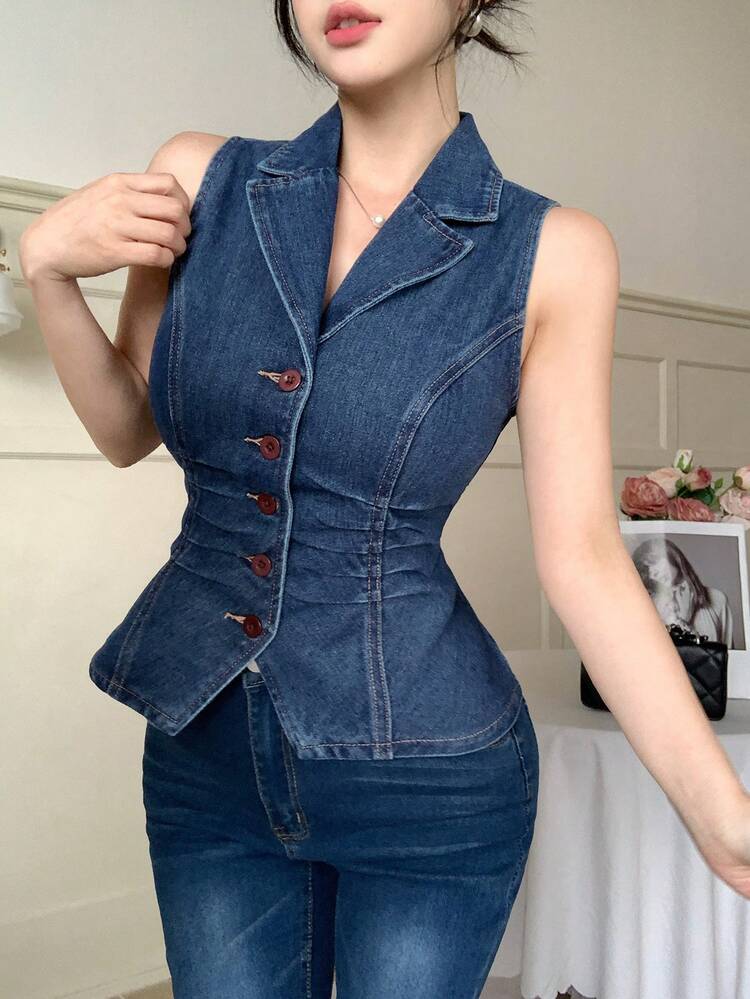 Women's Spring/Summer Vest-Style Open Cardigan, Collared Sleeveless Shirt, Music Festival, Valentine's Day, Wedding, Casual Beach Vacation, Short Denim Top