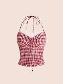 Sweetness Áo hai dây kiểu dáng cổ điển retro dành cho nữ, họa tiết kẻ caro, phối ren tương phản, cạp chun, dây mảnh, thích hợp cho mùa xuân/hè. - Đỏ và trắng - Xem 5