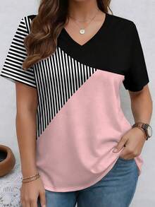 EMERY ROSE Pink Patchwork Design Print V-Neck Short Sleeve Fashionable Plus Size T-Shirt Vacation Summer Smart Casual - Multicolor - View 1