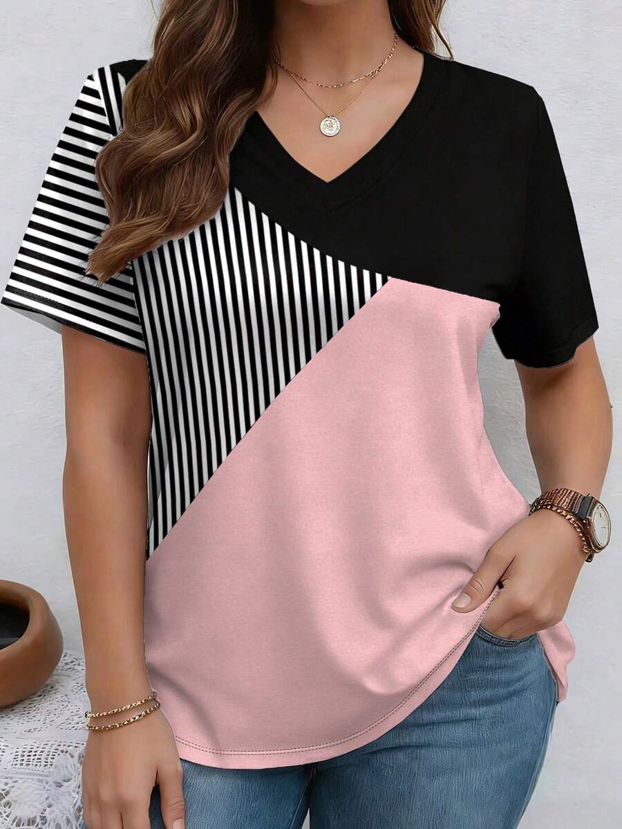 EMERY ROSE Pink Patchwork Design Print V-Neck Short Sleeve Fashionable Plus Size T-Shirt Vacation Summer Smart Casual - Multicolor - View 1
