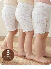 SHEIN Conjunto de 3 piezas de pantalones casuales de punto de unicolor con dobladillo con volantes para bebé niña - Blanco - Ver 1