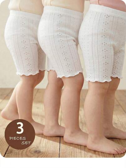SHEIN 3pcs Baby Girl Knitted Solid Color Ruffle Hem Casual Pants Set,Kids