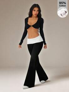 SHEIN PETITE Women's Contrast Striped Drawstring Casual Straight Leg Pants, Versatile For Spring/Summer, Includes Built-In Undershorts - Black and White - View 5