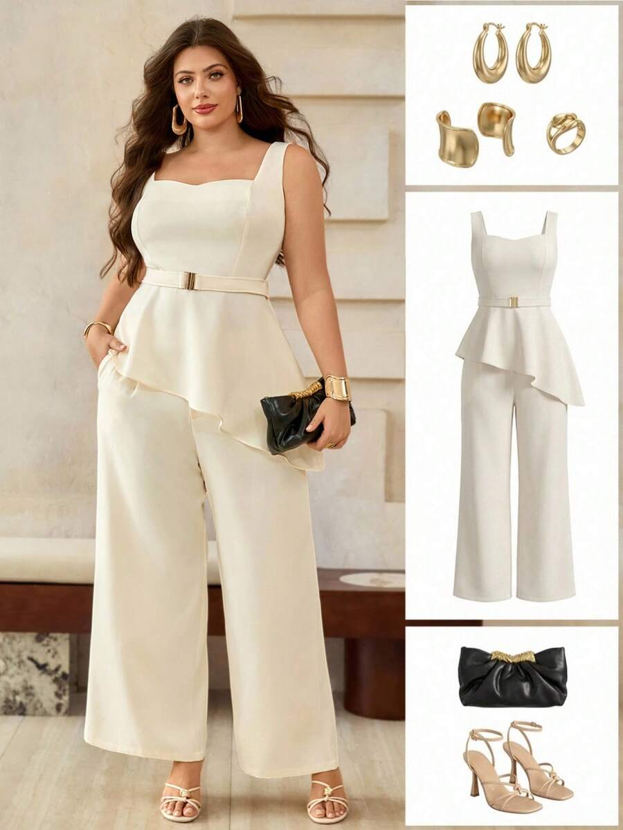 Roveilla Plus Size Women's Elegant Wedding White Summer 2 Pieces Set,Solid Asymmetric Hem Peplum Camisole&Wide Leg Pants,French Vintage Formal Office Outfit - Apricot - View 1