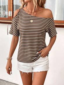 SHEIN Clasi Women's Fashionable Versatile Striped Asymmetric Neck T-Shirt, Suitable For Daily Wear - Coffee Brown - View 3