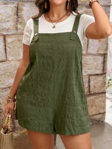SHEIN LUNE CURVE Jumpsuit Bertekstur Ukuran Besar, Pakaian Pantai Kasual untuk Liburan Wanita - Hijau Tentara - View 7