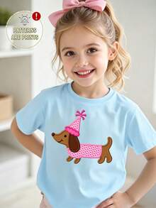 SHEIN Cute Brown Puppy Cartoon Animal Print Casual Basic Blue Short T-Shirt, Comfortable Daily Wear, Suitable For Spring, Summer And Autumn Girls - Blue - View 3