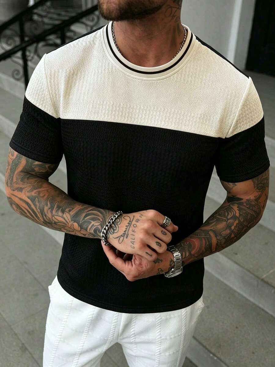 Daypath Camiseta de hombre con textura de jacquard de unicolor y parches acanalados - Albaricoque - Ver 1