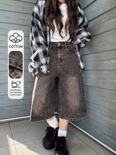 FRIFUL Quần short denim ống rộng dáng suông, túi xéo, phong cách thường ngày, dành cho nữ, mùa hè.