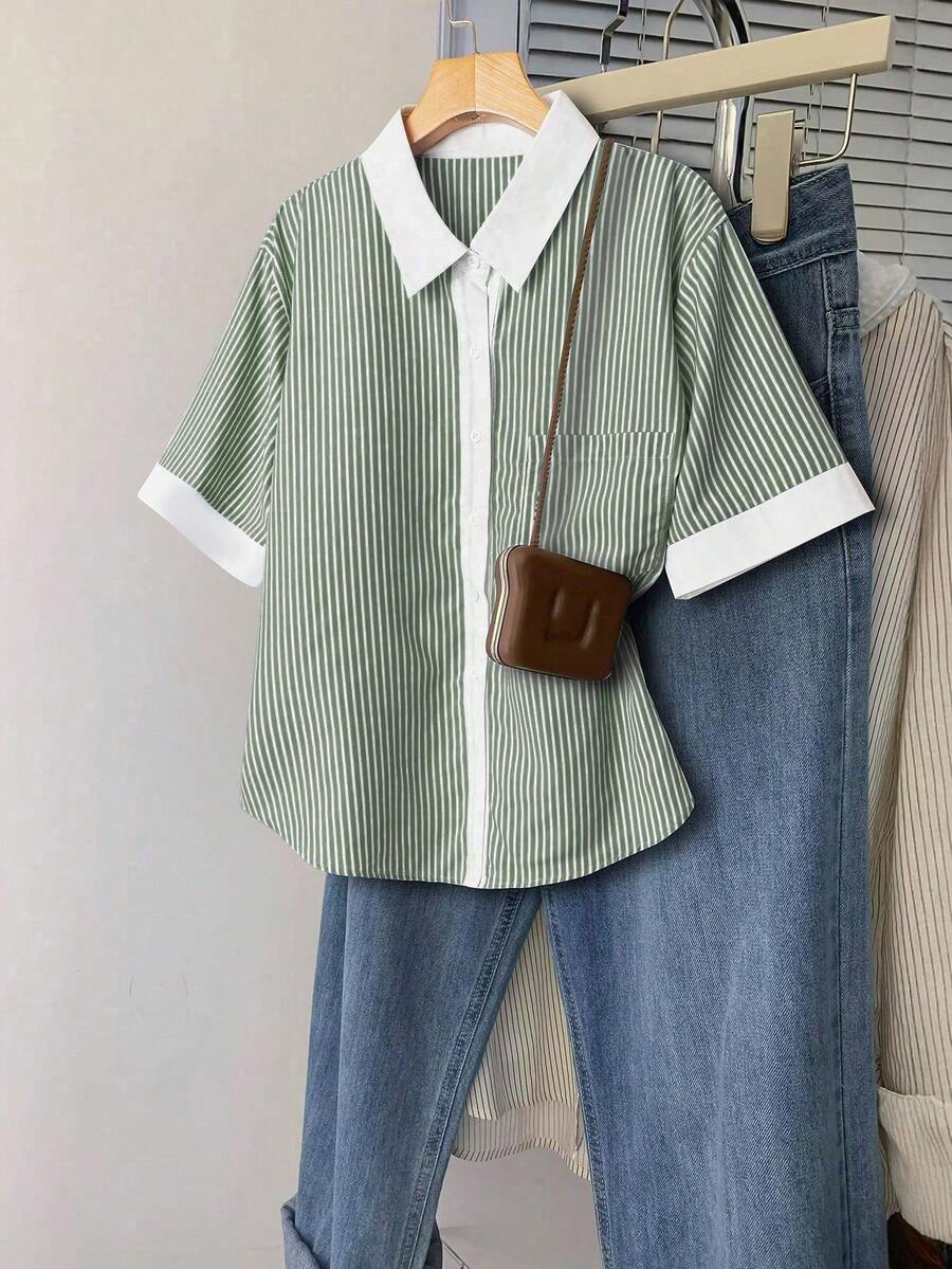 EMERY ROSE Plus Size Women's Colorblock Striped Casual Versatile Everyday Shirt - Multicolor - View 1