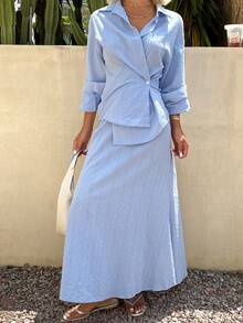 DAZY Conjunto de 2 piezas de camisa larga y falda azul, informal para primavera y verano, conjuntos de descanso para mujeres - Azul - Ver 8