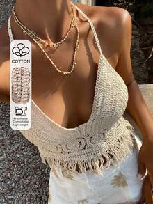 DAZY Conjunto de verano para vacaciones en la playa para mujer con camiseta de tirantes con cuello halter, bajo con flecos y diseño calado - Blanco - Ver 1
