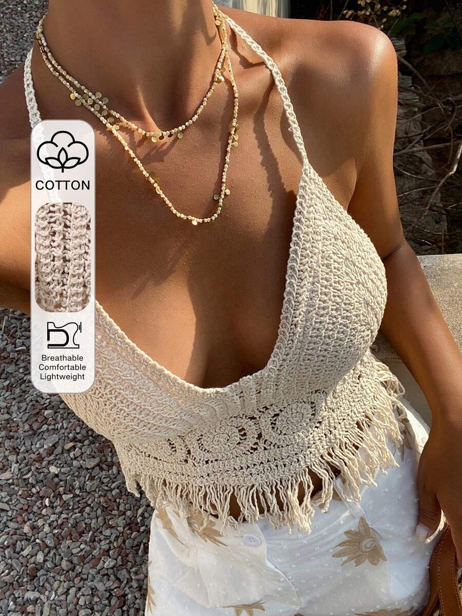 DAZY Conjunto de verano para vacaciones en la playa para mujer con camiseta de tirantes con cuello halter, bajo con flecos y diseño calado - Blanco - Ver 1