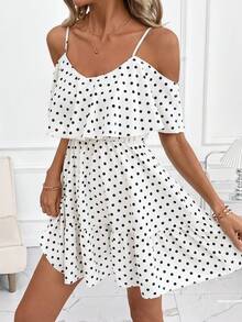 SHEIN Clasi 女士优雅棕色波点印花露肩荷叶边V领A字短裙 - 白色 - 查看 4