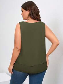 SHEIN Clasi Femmes grande taille Été Décontracté Vacances Trajet quotidien Minimaliste Couleur unie Col V Ourlet superposé Sans manches Top ample - Militaire verte - Voir 2