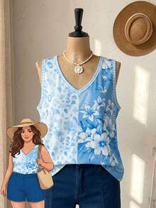 Rusticease Plus Size Summer Casual Leopard Floral Print Tank Top Country Style For Women Vacation Outfits Holiday Formal Light Blue - Blue - View 1