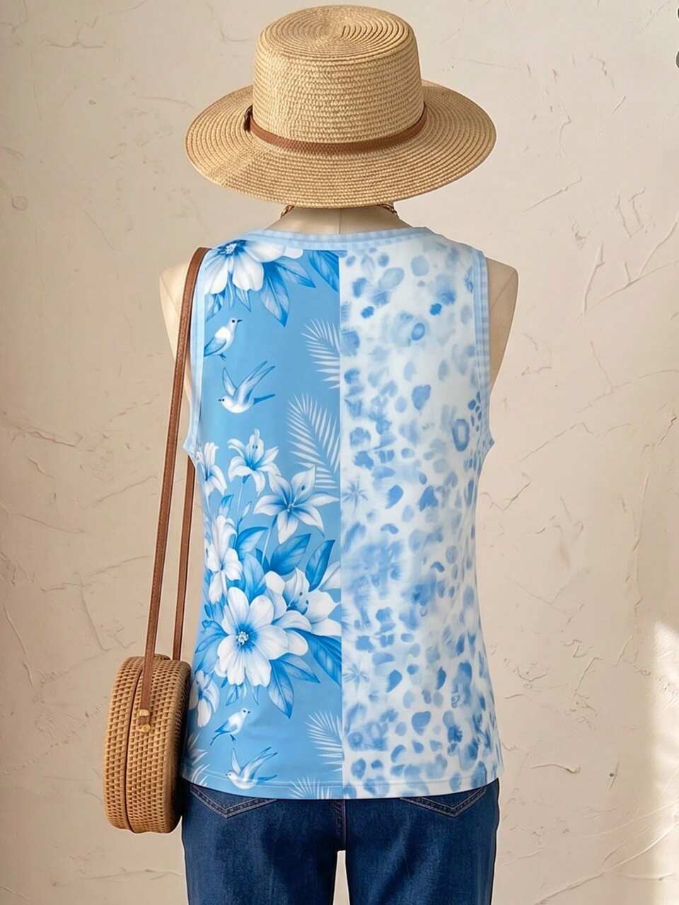 Plus Size Summer Casual Leopard Floral Print Tank Top Country Style For Women Vacation Outfits Holiday Formal Light Blue