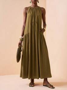 Zivah 2026 Summer New Arrival Bohemian Style Elegant Olive Green Sleeveless Loose Maxi Dress Vacation - Mustard Yellow - View 4
