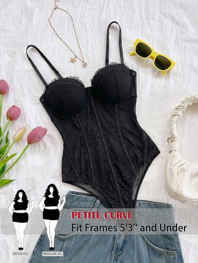 SHEIN PETITE CURVE Áo liền thân gợi cảm màu trơn phối ren, cỡ lớn, thích hợp cho mùa hè.