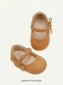 Cozy Pixies A Pair Of Childlike Cute Brown Basic Princess Style Girls Woven Bows Mary Jane Love Soft Non-Slip Bottom Baby Flats - Brown - View 2