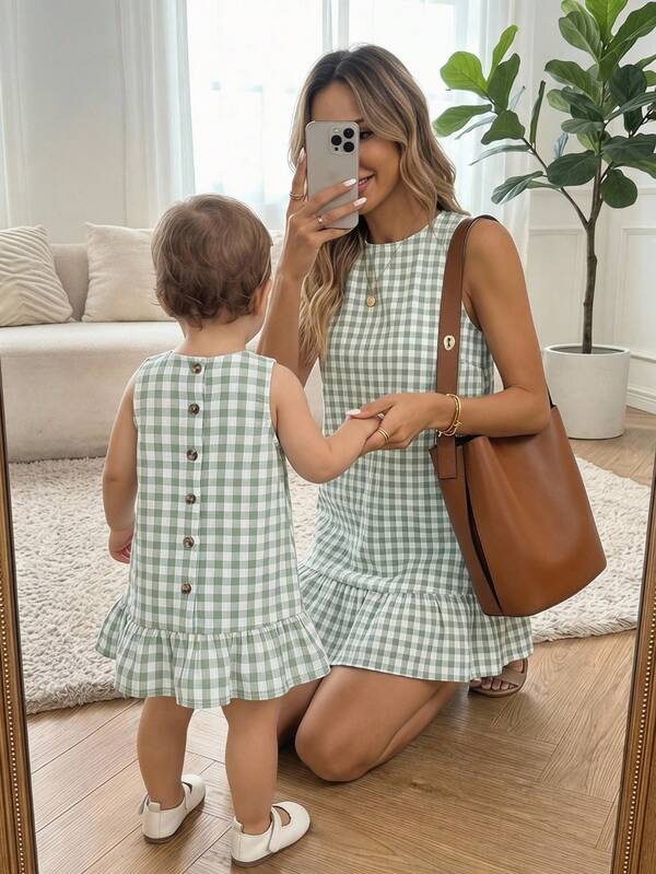SHEIN Đầm không tay xếp bèo họa tiết kẻ caro dễ thương cho bé gái mặc đi nghỉ hè.