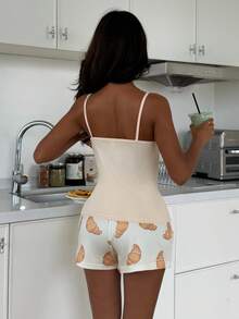 ZzzCrew Set de pijama con 2 piezas: Top de camiseta de punto acanalado de unicolor y shorts estampados - Albaricoque - Ver 2