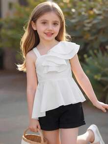 SHEIN Camisa de unicolor con dobladillo asimétrico y adorno de volantes 3D para niña joven, primavera/verano - Blanco - Ver 2