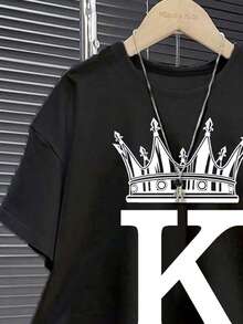 2pcs Tween Boys Casual Minimalist Round Neck Short Sleeve Shorts Set, Classic King Crown Print, Suitable For Summer Holiday Black - Black - View 4