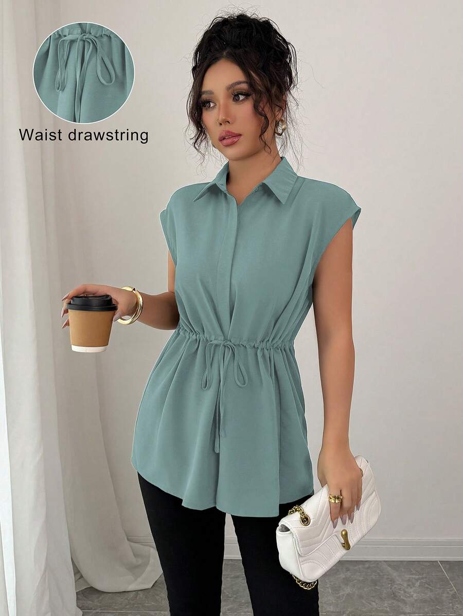 Elenzga Women's Casual Smart Casual Teachers' Day Style Solid Color Shirt Collar Button Down Drawstring Waist A-Line Dropped Shoulder Blouse Top Office - Mint Green - View 1