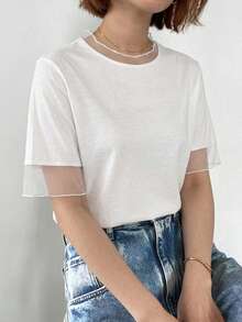 FRIFUL Women's Casual Loose Sheer Mesh See-Through Solid Color T-Shirt, Versatile For Spring And Summer - White - View 3