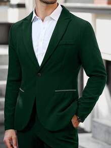 Manfinity Mode Men's Emerald Green 2 Pieces Suit: Stylish Blazer & Pants Tuxedo For Formal Occasions For Ceremony Formal - Dark Green - View 8